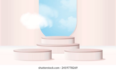 rosafarbenes Bühnenbild mit Himmel und wolkenverhangenem Hintergrund, Vektorgrafik. 3D-Stage-Podium und minimale Cloud-Szene für eine Preisverleihung. Vektorgrafik.