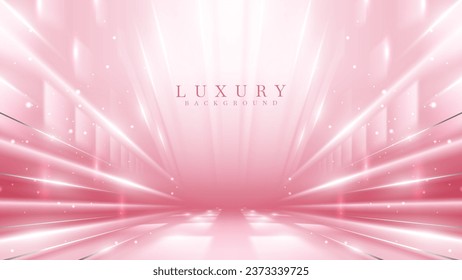 Pink stage scene with silver line elements and glitter light effect with beam and bokeh. Luxury background. Stock Vector