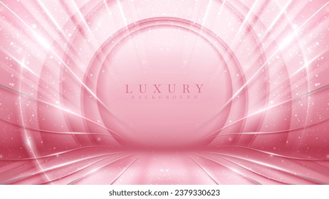 Pink stage scene with silver line elements and glitter light effect with beam and bokeh. Luxury background.