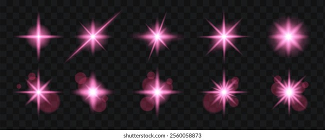 Pink star light effects. Glow isolated transparent lights, lens flares, explosion, glitter and particles, sparks. Abstract vector effect.