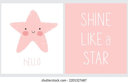 Pink Star on a White Background. Handwritten Star Like a Star on a Pastel Pink Layout. Kawaii Style Vector Illustration with Hand Drawn Smiling Little Star.Nursery Art Set ideal for Poster, Card.