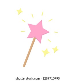 Pink star shaped magic wand with shiny sparkles. Magical wand, stick, graphic icon vector illustration, isolated.