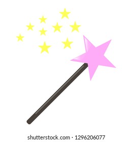 Pink star shaped magic wand with shiny stars on white background