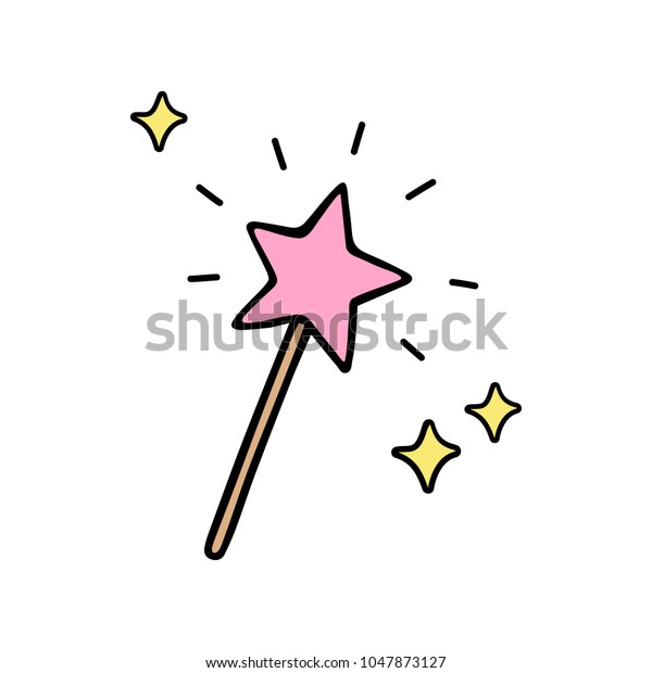 Pink\
star shaped magic wand with shiny sparkles. Magical wand, stick,\
doodle hand drawn vector illustration,\
isolated.