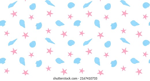 Pink starfish and blue seashells on a white background. Marine endless texture. Vector seamless pattern for wallpaper, wrapping paper, cover, packaging, wrapper, surface texture or printing on clothes