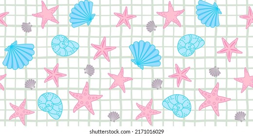 Panza estelar rosa y conchas azules en un fondo blanco a cuadros. Textura sin fin de verano. Patrón de vectores sin fisuras para papel de embalaje, cubierta, embalaje, envoltura, textura superficial e impresión en ropa