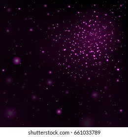 Pink stars black night sky background. Abstract bokeh glowing space design. Starry milky way. Galaxy golden starlight shine sparkle. Purple shiny fantasy glow in dark Vector illustration
