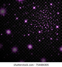Pink stars black night sky on transparent background. Abstract bokeh glowing space design. Starry milky way. Galaxy golden starlight shine sparkle. Shiny fantasy glow in dark Vector illustration