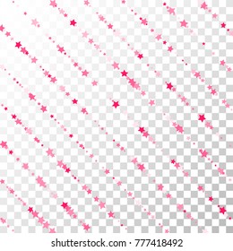 Pink Stars Confetti Lines on Transparent Background. Invitation Background. Banner, Greeting Card, Christmas and New Year card, Postcard, Packaging, Textile Print. Beautiful Starry Sky