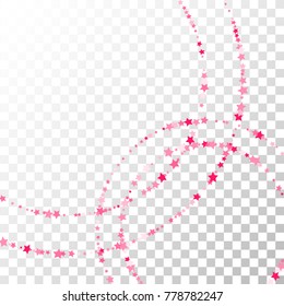 Pink Stars Confetti Lines on Transparent Background. Invitation Background. Banner, Greeting Card, Christmas and New Year card, Postcard, Packaging, Textile Print. Beautiful Starry Sky