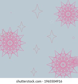 Pink Stars Holiday Red Chaotic Pastel Illustration. Magic Sky Blue New Year Mystery Ornament. White Snowflake Winter Mandala Print Background. Christmas Luxury Grey Green Colorful Cozy Wallpaper.