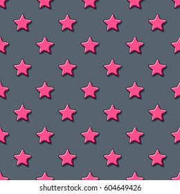 Pink stars on gray background scribble sketch seamless pattern . Hand drawn vector illustration.