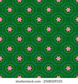 Pink stars on green seamless pattern. Fashion graphic background design. Modern stylish abstract texture. Colorful template for prints, textiles, wrapping, wallpaper. Vector illustration