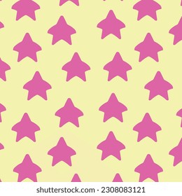 Pink stars on yellow background seamless pattern for gift wrap, card, textille, abstract background, wrapping paper vector design