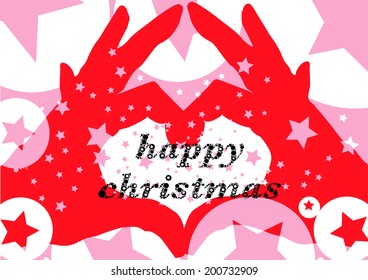 pink stars scattered in the 'Happy Christmas' text design. This message was created with polka dots mark in the heart of a composition. and unusual geometric pattern vector new year and christmas card