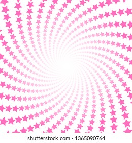 Pink stars, spiral pattern with bright center. Twisted circular fractal illustration, powerful, dynamically, happy design. Vector illustration on white background.
