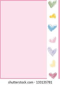 A pink stationary page with a rainbow heart decoration banner.