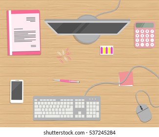Pink stationery on a wooden background. Top view of a desk. There is a computer, keyboard, mouse, smart phone, folder and other objects in the picture. Flat design vector illustration