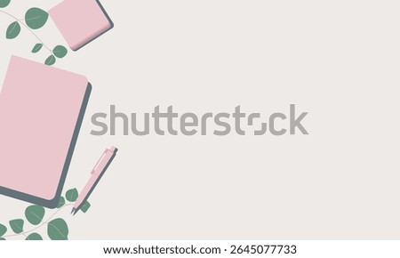 Pink stationery set with eucalyptus leaves. Pink notepad, sticker set and pen.