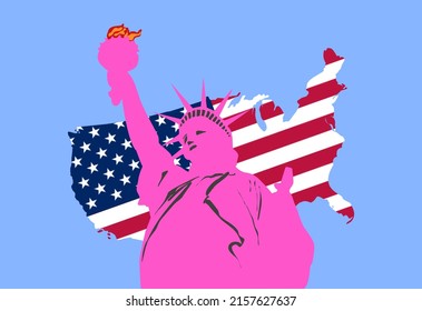 pink statue of liberty with american flag and map background