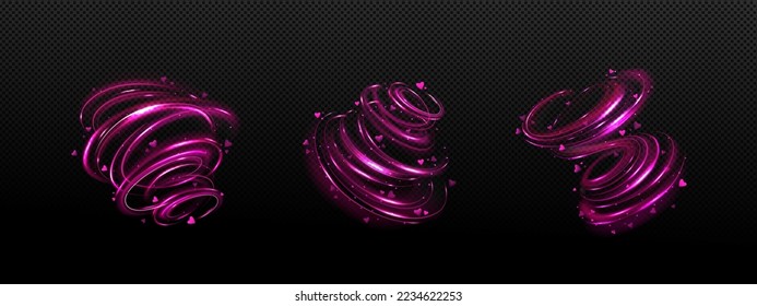 Barrido de vapor rosa con los corazones. Concepto de amor, Día de San Valentín, romance. Resumen de los efectos de flujo de la espiral de aire con chispas y corazones aislados en fondo transparente, conjunto de vector realista