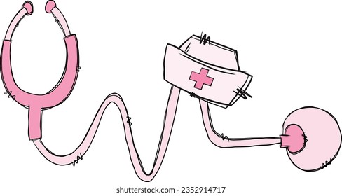 Pink Stethoscope graphic icon. Stethoscope and nurse hat. Symbol medicine. Vector illustration. Breast Cancer Nurse