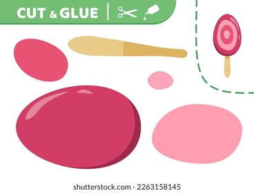 Pink stick. Ice cream. Cut and glue.  Pink Ice cream. Applique. Paper education game. Flat, cartoon. Isolated vector illustration eps 10