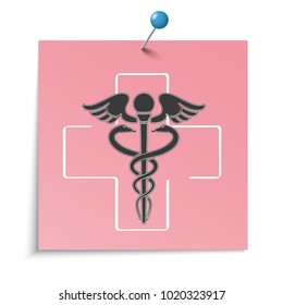 Pink sticker, blue pin and aesculapian staff on the white background. Eps 10 vector file.