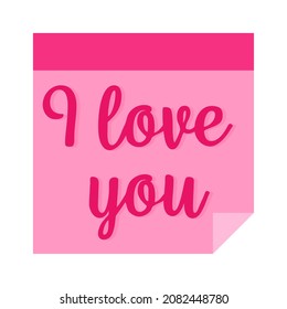 Pink sticker with the words I love you. Wedding and valentine day concept. Vector cartoon isolated illustration.