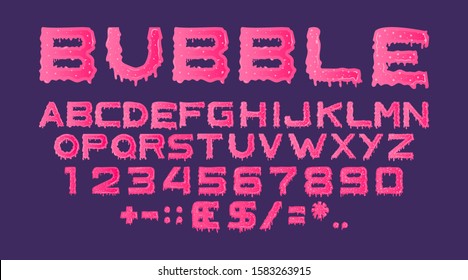 Pink sticky dripping type from sweet jelly, caramel or paint. Glossy alphabet from flowing slime isolated on purple background. Vector set of letters, numbers and currency signs with dribbles