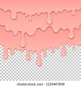 Pink sticky liquid element. Realistic dripping slime isolated object. Background with bubblegum. Popular kids sensory game. Chewing gum flowing repeatable vector illustration. Paint drops and blots