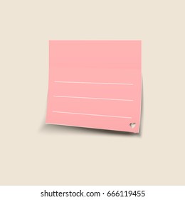 Pink sticky note isolated. Transparent shadow. With a heart. Template for your projects. Vector illustration.