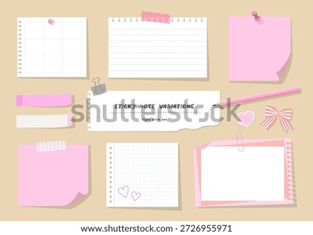Pink sticky note and memo stationery design elements set