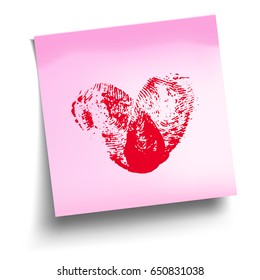 Pink sticky note with red thumbprint heart  isolated on white. Vector illustration