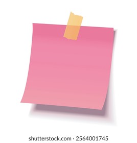 Pink sticky note with a yellow piece of tape isolated on a white background, realistic vector illustration with curled edge and shadows, ideal for reminders, design, or creative concepts