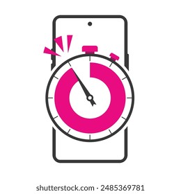 A pink stopwatch with a black second hand is superimposed over a smartphone outline. The stopwatch is showing just past the halfway point.