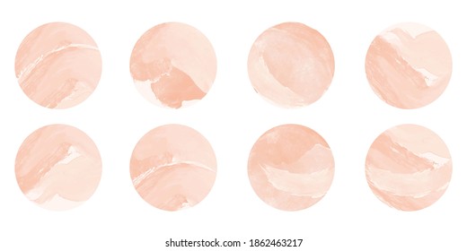 Pink story highlights cover icons. Set of abstract pastel watercolor circles design. Round highlight backgrounds for social media stories. Soft brush stroke.