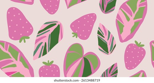 Pink strawberries and green leaves pattern illustration