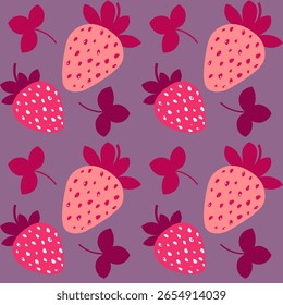 Rosa Erdbeeren und Blätter. Nahtloses Muster. Flacher Stil.