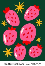 Pink strawberries with red seeds and green leaves scattered among yellow stars on a dark green background, playful and bold fruit-themed concept. Vector illustration