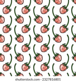 Fresas rosas. Patrón sin foco. Cartel con bayas de color. Imagen plana dibujada a mano. Ilustración vectorial en un fondo blanco.