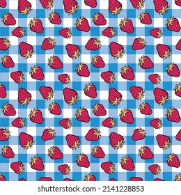 pink strawberries seamless summer pattern with blue and white gingham vector checkered seamless pattern