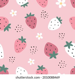 Pink strawberries and white flowers on a light background. Seamless berry pattern. Suitable for background, printing on fabric, wallpaper, wrapping paper, phone case. Vector illustration