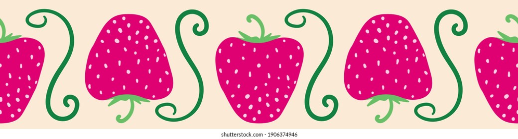 Borde horizontal del vector strawberris rosa. Embellecimiento de tarjetas, carteles y embalajes. Se puede enlosar como un patrón vectorial sin fisuras en textiles, papelería, telas, fondos y decoración doméstica.