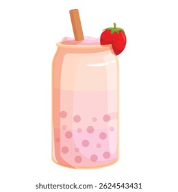Pink strawberry bubble tea in a mason jar with straw and fruit garnish
