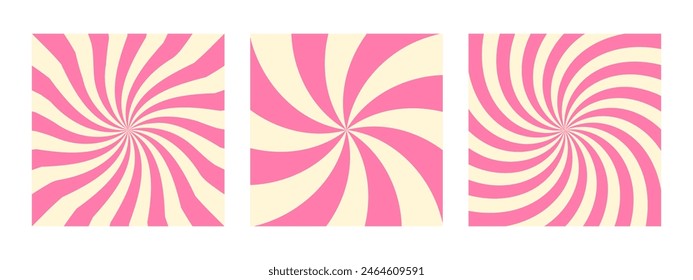 Conjunto de fondos dulces de fresa rosa. Colección dinámica de fondo de los rayos en espiral. Marco colorido Abstractas del patrón del postre del helado.