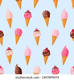 Pink strawberry and chocolate ice cream with cherry. Seamless pattern on blue background. Texture for fabric, wrapping, wallpaper. Decorative print.