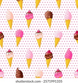 Pink strawberry and chocolate ice cream with cherry. Seamless pattern on white background with hearts. Texture for fabric, wrapping, wallpaper. Decorative print.