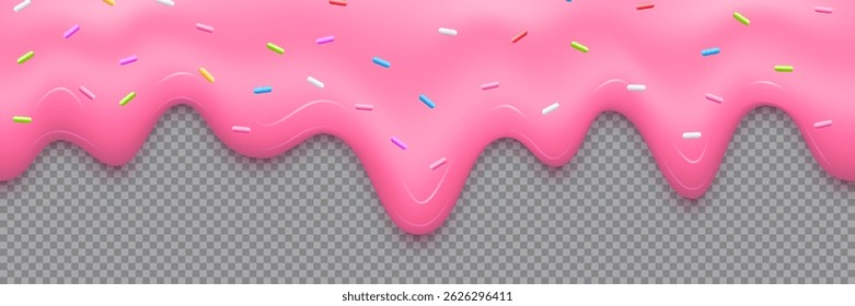 Pink strawberry cream dripping with colorful sprinkles isolated on transparent background. Sweet dessert topping design. Realistic seamless vector illustration for bakery, ice cream, candy themes.