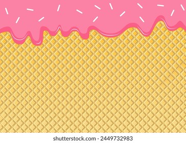 Pink strawberry cream melted waffle cone vector pattern. Ice-cream waffle sweet liquid biscuit cartoon cream